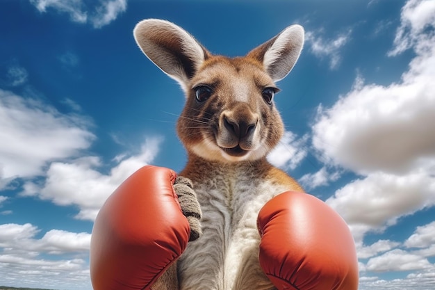 A kangaroo with boxing gloves is standing up against a blue sky.