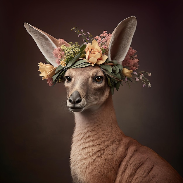 kangaroo with floral flora blooming crown of flowers