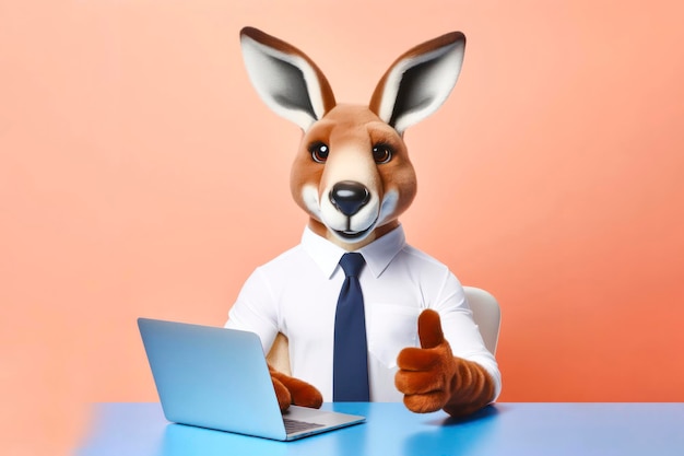 kangaroo with laptop showing thumbs up on color background