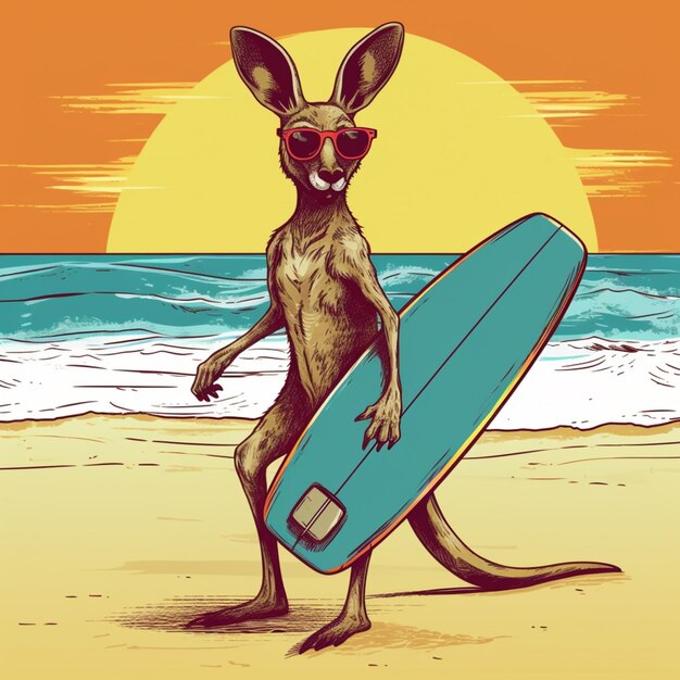 Kangaroo with sunglasses holding a surfboard on the beach generative ai