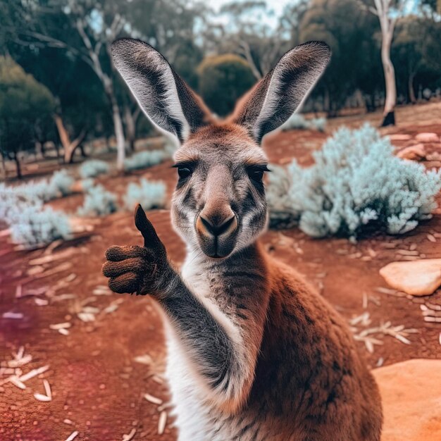 a kangaroo with two fingers raised in front of a window