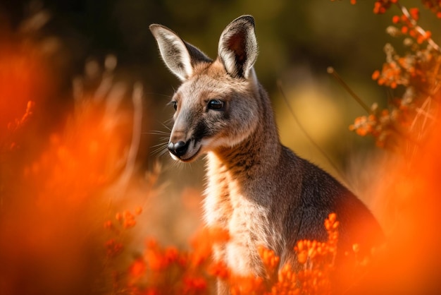 Kangoeroe die camera in oranje wilde bloemen bekijkt Generatieve AI van Australië