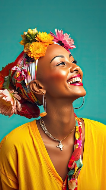 Kanker kale Afrikaanse vrouw glimlachend met een bloemenkroon Wereldkankerdag