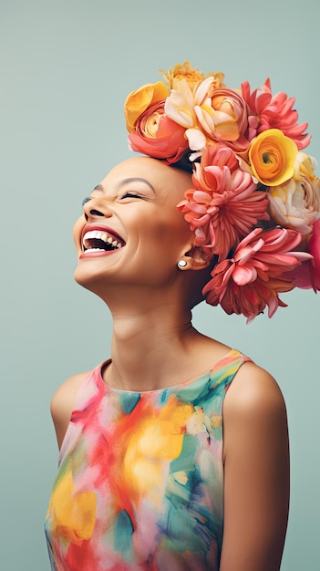 Kanker kale Aziatische vrouw glimlachend met een bloemenkroon Wereldkankerdag