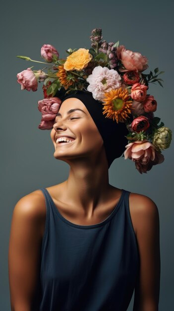 Kanker kale blanke vrouw glimlachend met een bloemenkroon Wereldkankerdag