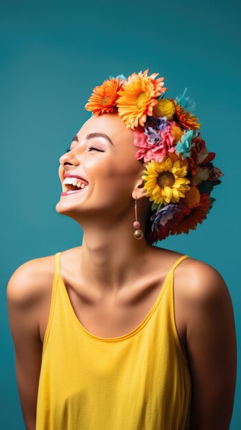 Kanker kale blanke vrouw glimlachend met een bloemenkroon Wereldkankerdag