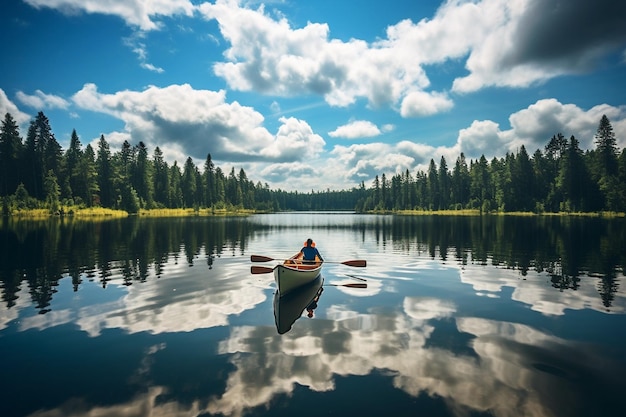 Foto kanoeisten paddelen door een spiegelvormig meeroppervlak