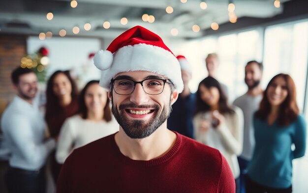 Foto kantoor kerstfeest met gelukkige glimlachende man met een bril in een kerstmanhoed op de voorgrond