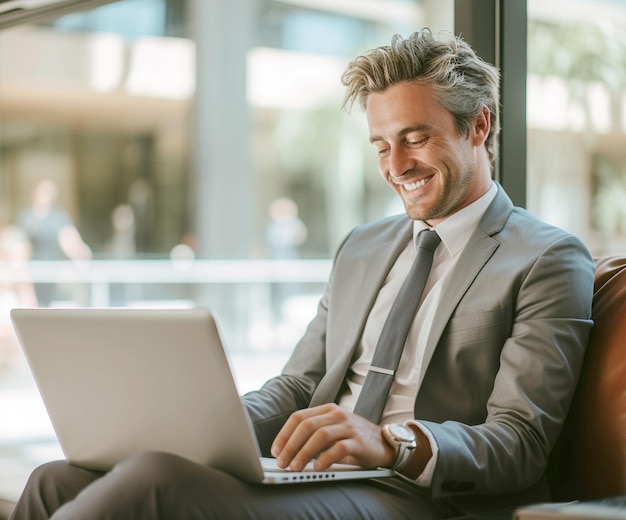 Foto kantoor lobby glimlachende zakenman die aan een laptop werkt