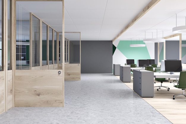 Kantoor met grijs, groen en wit geometrisch patroon met grijze computertafels, displays en een lobby met houten muren aan de linkerkant. 3D-rendering mock-up