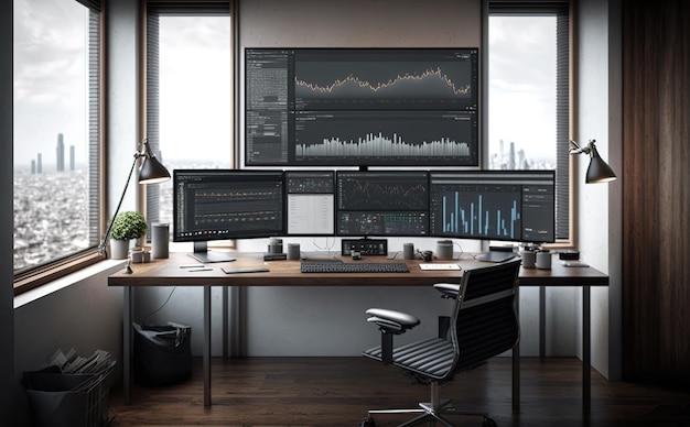 kantoor met grote monitor waarop grafiekaandeel wordt weergegeven