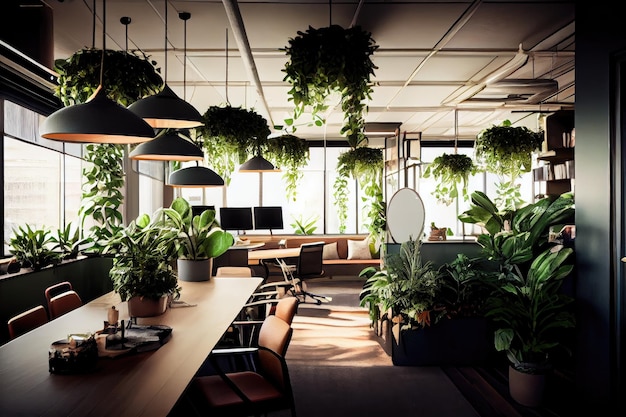 Kantoor met planten die aan het plafond hangen en een natuurparadijs creëren gecreëerd met generatieve AI