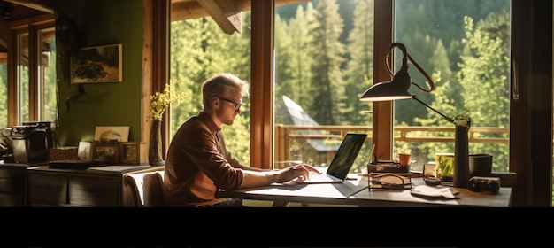 Foto kantoorman werkplaats laptop zakenman blanke zakelijke technologie computer zitten internet generatieve ai