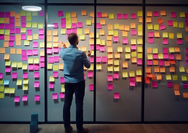 Foto kantoormedewerker die naar kleverige notities op de muur kijkt en een nieuw plan of idee genereertai generatief
