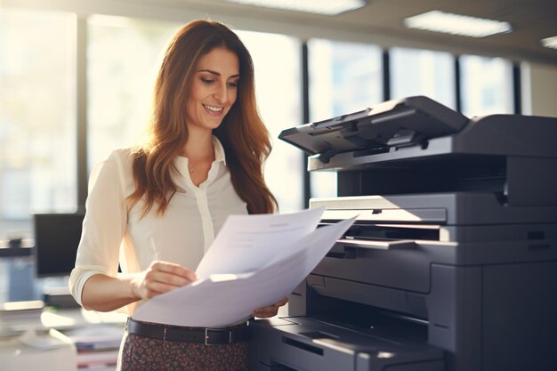 Foto kantoormedewerker drukt papier op een multifunctionele laserprinter document- en papierwerkconcept secretaresse
