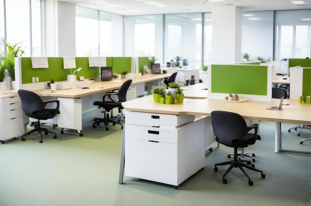 Foto kantoorruimte met netjes gerangschikte medewerkers bureaus helder en fris concept generative ai