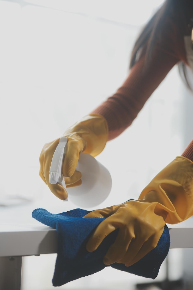Foto kantoorschoonmaakservice conciërge spuiten bureau hygiëne op de werkplek