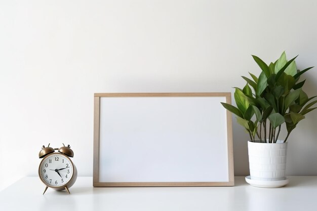 Kantoortafel met koffie en wekker voor laptop scherm mock-up met kalender gegenereerd door AI