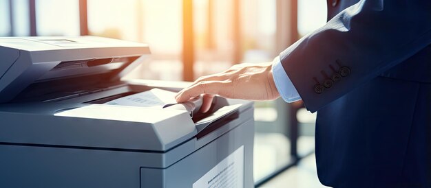 Foto kantoorwerkers gebruiken een paneel om een printer of kopieermachine te bedienen voor het scannen en afdrukken van documenten