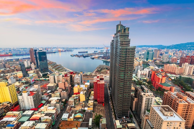 Kaohsiung taiwan city skyline towards the harbor