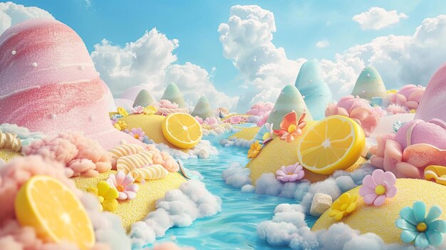 Kapitaal 3D-beeld van een snoepland met pastelkleurige landschappen met een rivier van roze limonade