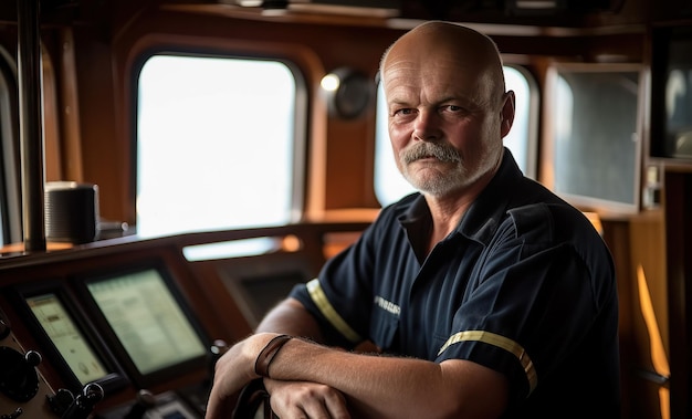 Kapitein matroos van schip in uniform in het interieur van cruiseschip Generative AI