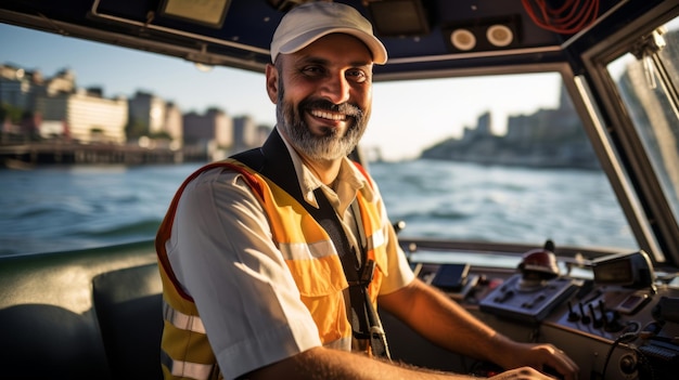 Foto kapitein van een watertaxi die schilderachtige ritten over stedelijke waterwegen aanbiedt