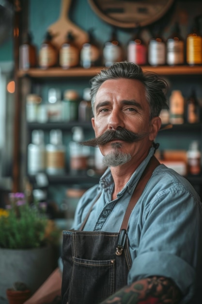 Kapper in een kapperswinkel met verschillende cosmetica voor mannen