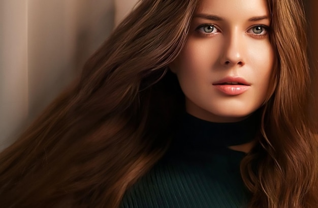 Kapsel schoonheid en haarverzorging mooie vrouw met lang gezond haar brunette model dragen natuurlijke make-up glamour portret voor kapsalon en haarverzorging