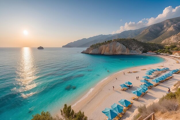 Photo kaputas beach people enjoying sun and sea at the beautiful turquoise sea and sandy beach of kaputa_ sunset over the sea in the background mediterranean ka_ antalya turkey