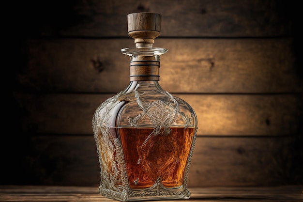 Karaf of karaf met whisky op donkere houten ondergrond