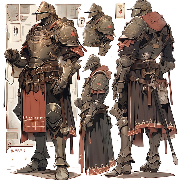 Karakter Anime Concept Gemiddelde lengte Man met een middeleeuws ridderpantser en Steampu Sheet Art