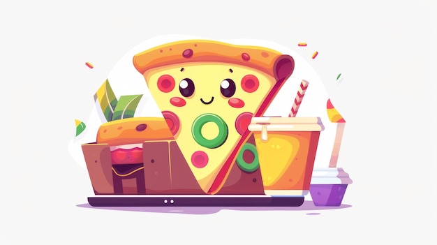 Foto karakter bestelt pizza online concept van online food delivery service platte illustratie