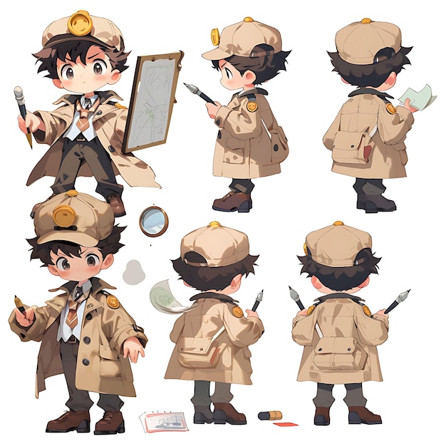 Karakter van Clever Kawaii Kid Boy met Detective School Uniform met een D Design Concept Sheet Art
