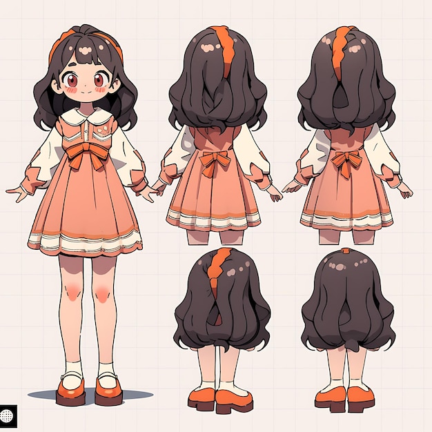 Karakter van vrouw Chibi Kawaii Architect Vintage Fashion Earth Tones Bl Concept Art Sheet Manga