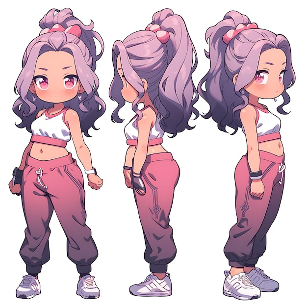 Karakter van vrouwelijke Chibi Kawaii Fitness Instructor Activewear Vibrant Co Concept Art Sheet Manga