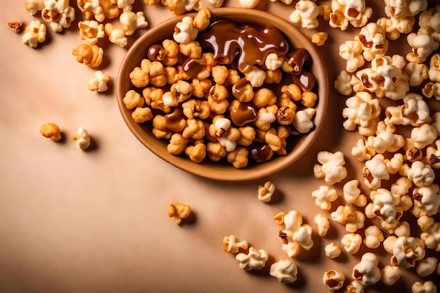 Karamel popcorn samenstelling plat lag met vrije ruimte voor kopie amberkleurige achtergrond