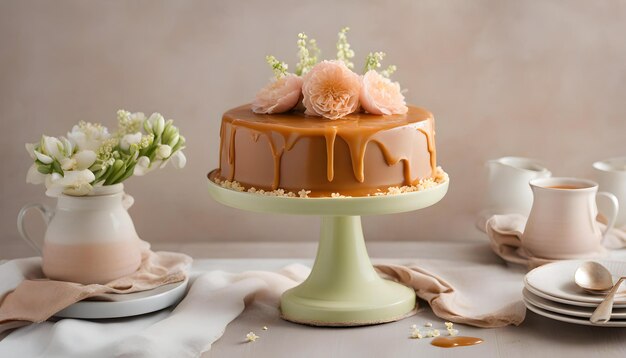 Karamelkoek met karamelsaus aan de bovenkant versierd met roze bloemen