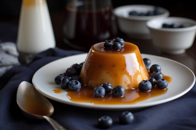 Karamelsaus van griesmeelpudding en bosbessen