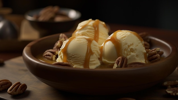 Karamelsausen van vanille-ijs bekroond met pecannoten Generatieve AI-afbeelding