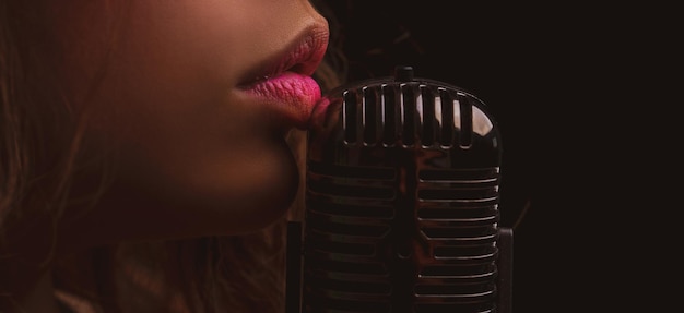 Karaoke Closeup lip with vintage microphone Sensual woman singer Concert singing