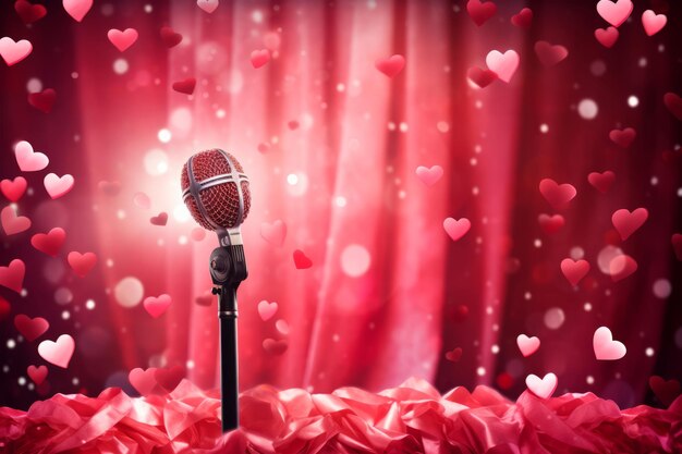 Photo karaoke on valentines day microphone on a concert stage with pink lightning generative ai