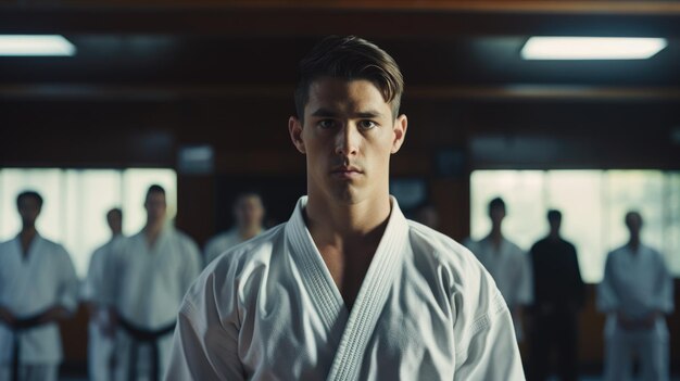A karate asian martial art training in a dojo hall young man wearing white kimono and black belt fig