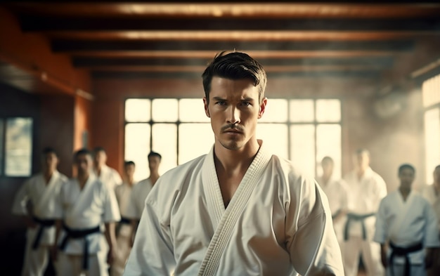 Foto karate allenamento di arti marziali asiatiche in una sala dojo ia generativa