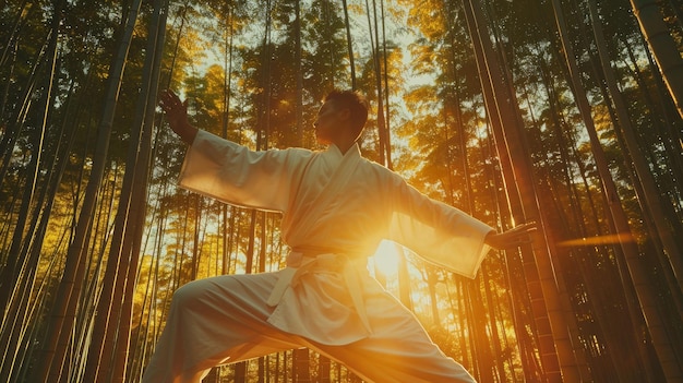 Karate beoefenaar in het bos bij zonsopgang martial arts training tussen rustige bamboe