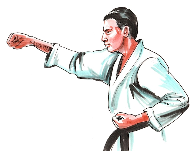 Foto combattente di karate. disegno a china e acquerello