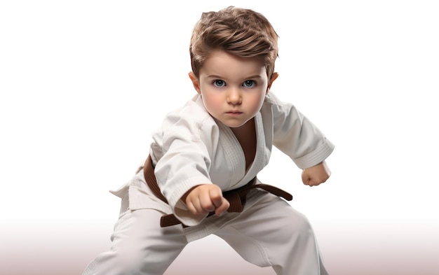 Karate Kid Het verhaal van een kleine jongen die traint op een witte achtergrond