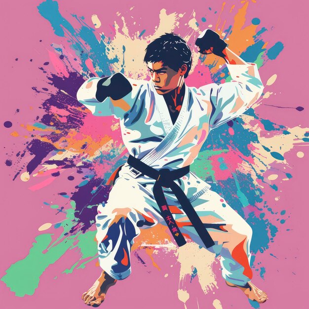 Photo karate kid in white kimono with black belt posing in a fighting stance color splashes