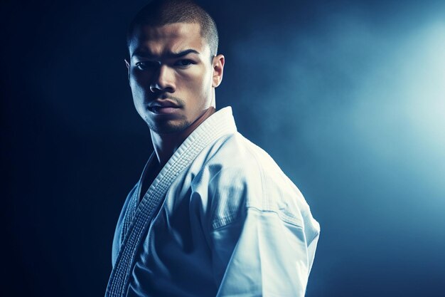 Photo a karate man in a kimono stands in front of a dark background