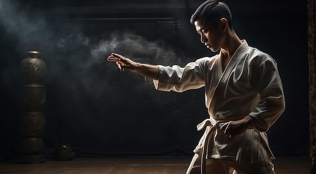 Photo karate man practicing martial arts in a dark gym room